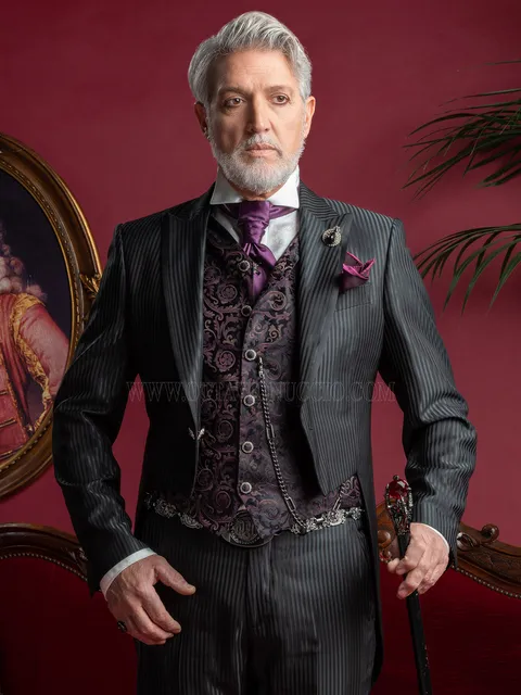 Men's steampunk tailcoat in black pinstripe, purple silk waistcoat - Limited Availability