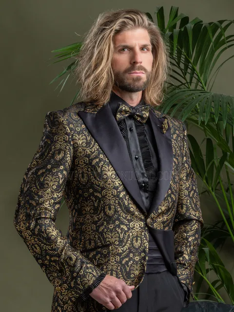 Men's black and gold damask tuxedo with black satin lapels