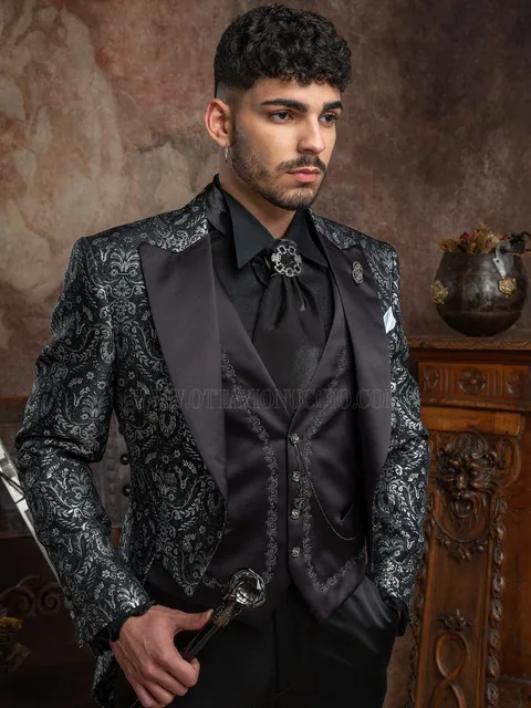 Gothic groom tailcoat in black silver brocade fabric