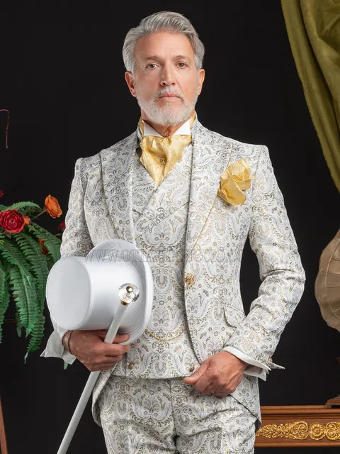 Baroque groom suit in ivory white brocade with rhinestones on the lapel
