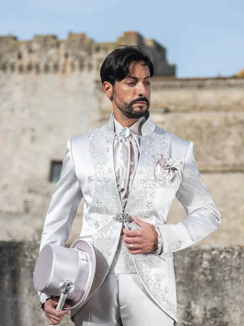 Distinctive pearl grey embroidered baroque suit with mandarin collar