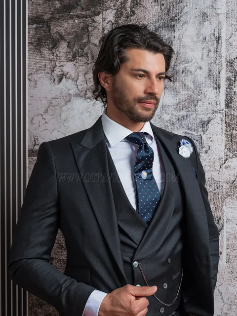 Men's grey formal suit with matching waistcoat