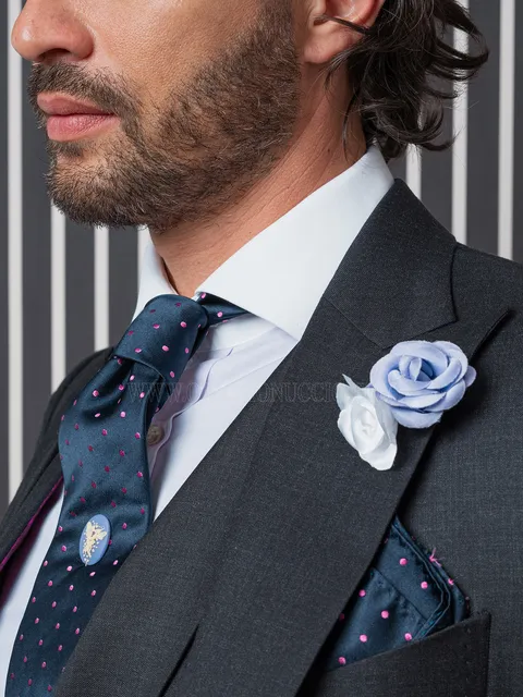 Tie and Handkerchief in blue silk with pink polka dots