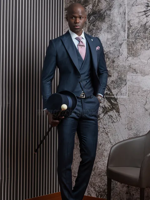 Modern morning suit in pure wool with blue double-breasted waistcoat