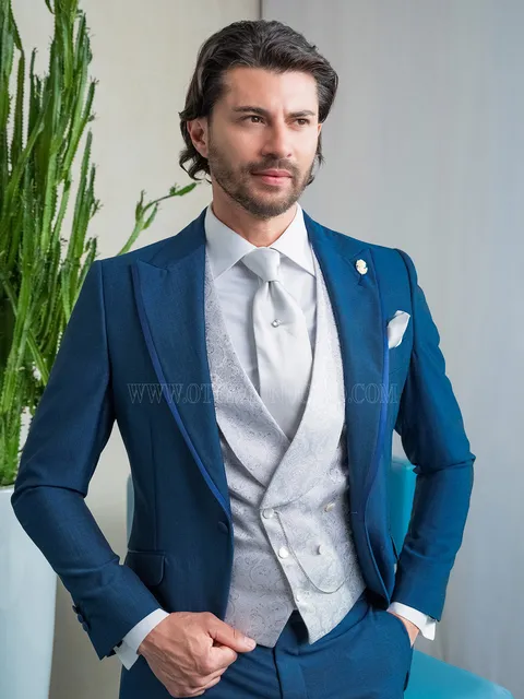 Demi morning suit in royal blue mohair wool with damask waistcoat