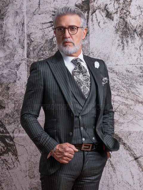 Men's black pinstripe formal suit with double-breasted waistcoat