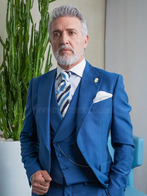 Royal blue shantung groom suit with double-breasted waistcoat