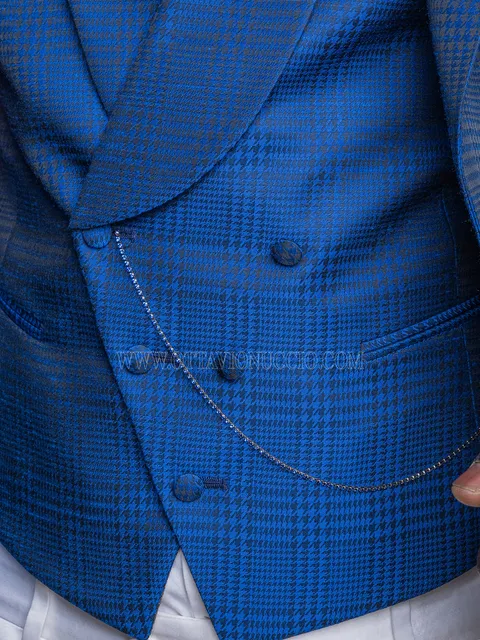 Double-breasted waistcoat in royal blue checked fabric