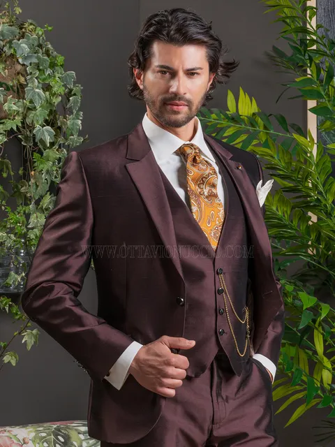 Men's 3 piece suit in brown silk blend shantung