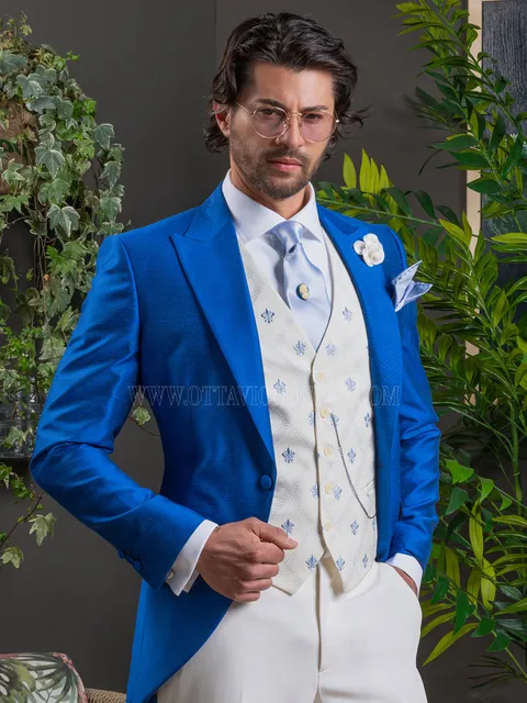 Royal blue formal suit with embroidered white waistcoat