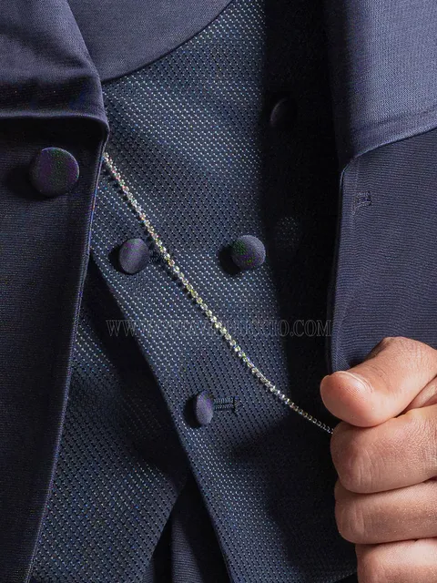 Asymmetric double-breasted shawl lapel waistcoat in blue micro-pattern with satin lapel
