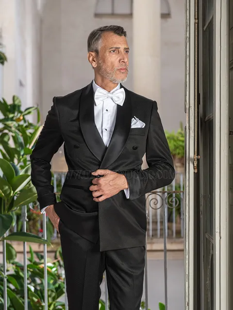 Men's black double-breasted tuxedo suit