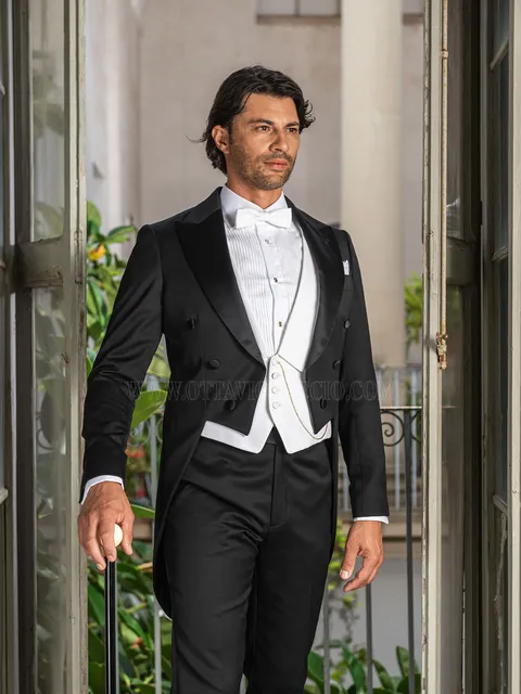 Men's classic groom tailcoat in black pure wool with white waistcoat