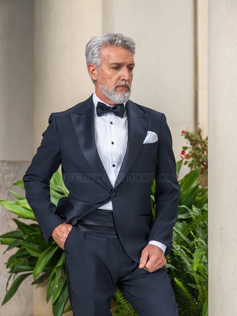 Men's made to measure blue tuxedo with peak lapel