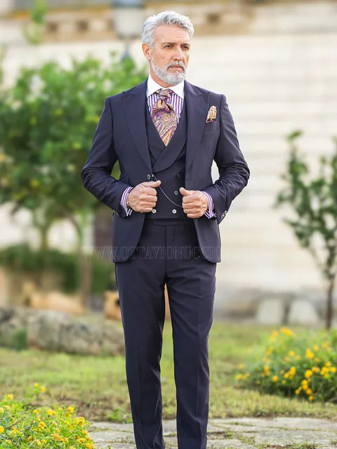 Men's purple formal suit with double-breasted waistcoat
