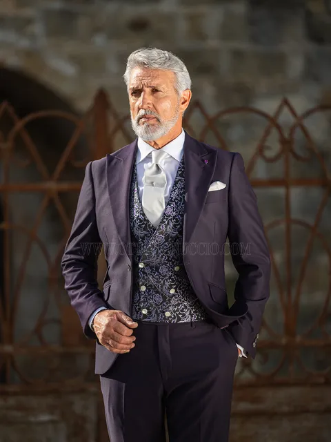 Purple groom suit with silk waistcoat
