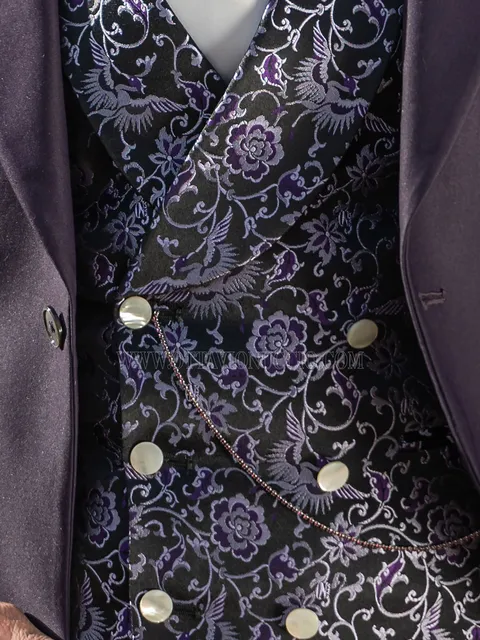 Double-breasted shawl waistcoat in black purple silk