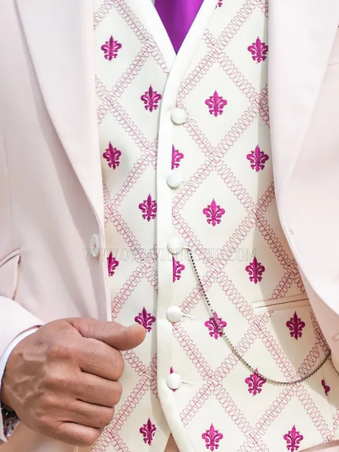 Waistcoat with piping, 5 buttons, natural white with fuchsia embroidery