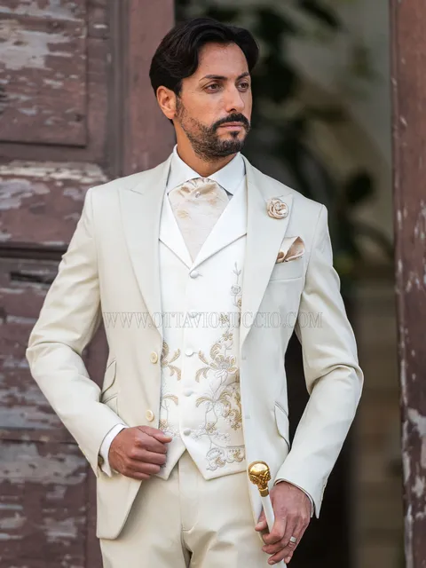 Beige groom suit with macramé embroidery waistcoat