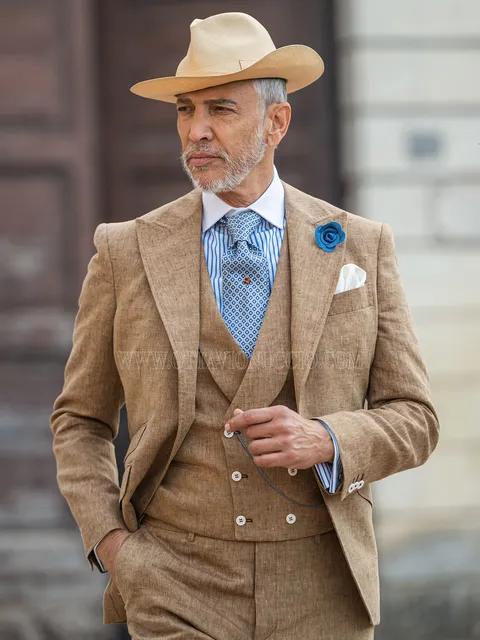 Light brown linen men's country chic bespoke wedding suit