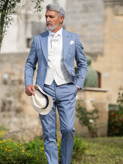 Summer groom suit in powder blue cotton