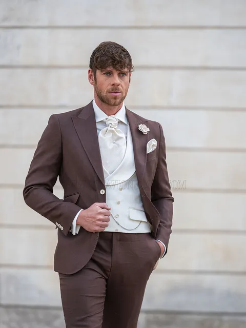 Men's brown wedding suit with ivory waistcoat