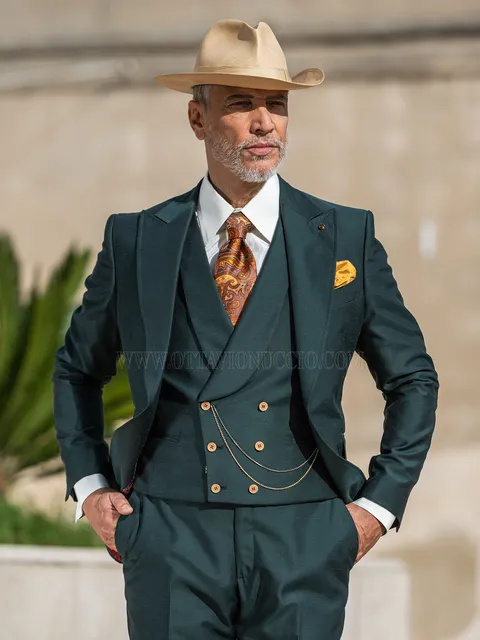 Men's petrol green formal suit with double-breasted waistcoat