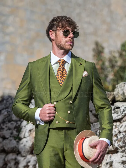 Men's formal suit in olive green with shawl lapel waistcoat