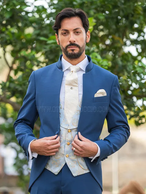 Royal blue mandarin collar bespoke suit for groom