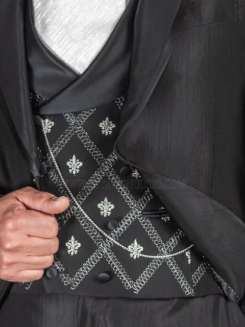Double-breasted shawl lapel waistcoat in black wool blend with silver embroidery