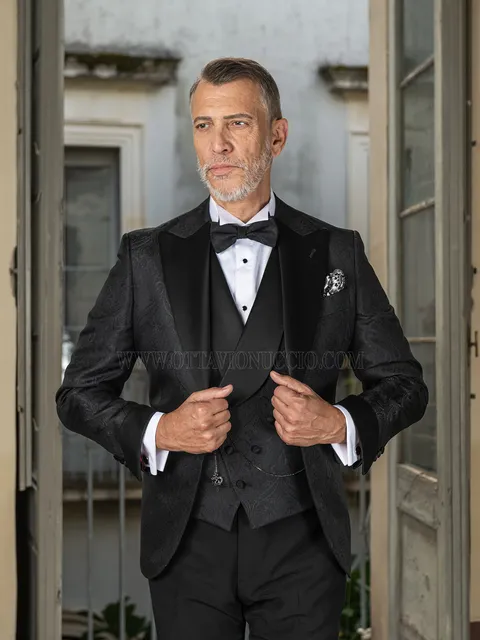 Groom suit in black damask with satin lapels and cuffs