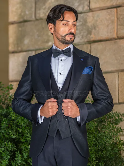 Luxury Italian tailor-made blue groom suit with satin lapel and cuffs