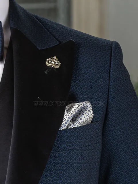 Pure silk handkerchief with pearl background and royal blue motif