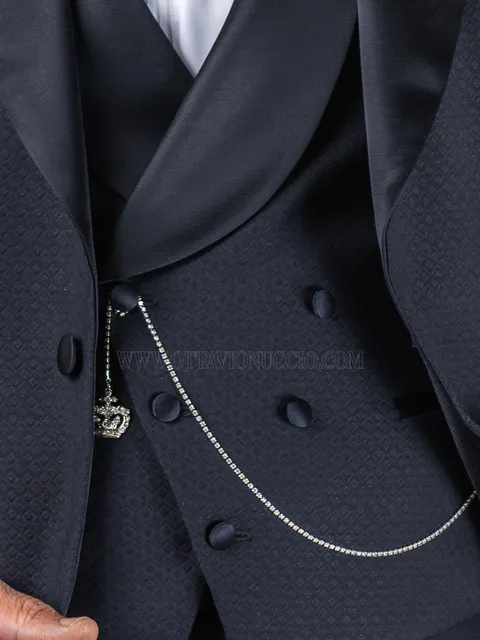 Asymmetric double-breasted shawl lapel waistcoat in blue jacquard with satin lapel