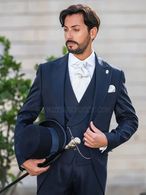 Men's groom suit in blue with double-breasted waistcoat