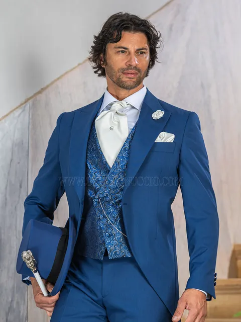 Modern morning groom suit in azure blue with damask waistcoat