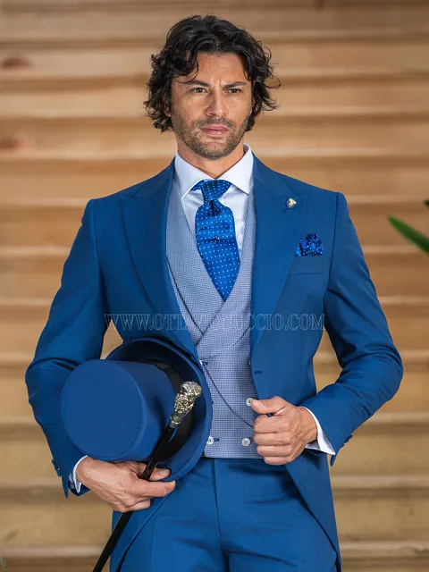 Modern morning groom suit in azure blue with houndstooth waistcoat