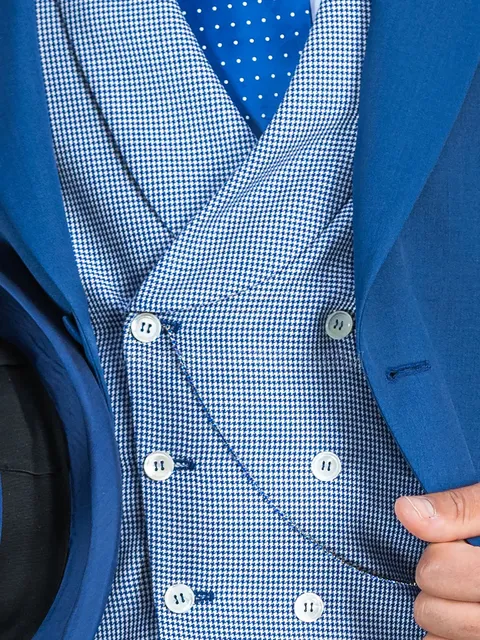 Double-breasted shawl waistcoat in sky blue houndstooth
