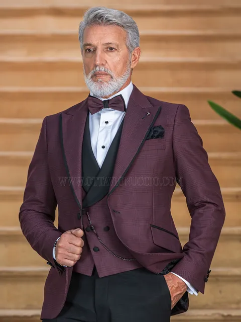 Men's formal suit in burgundy Prince of Wales check with black trousers