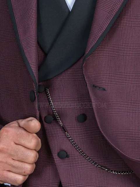 Asymmetric double-breasted shawl lapel waistcoat in burgundy Prince of Wales check with satin lapel