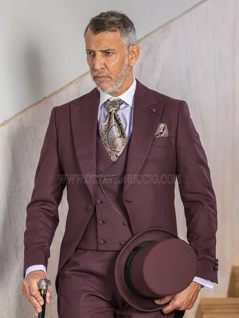 Modern morning groom suit in burgundy Prince of Wales check