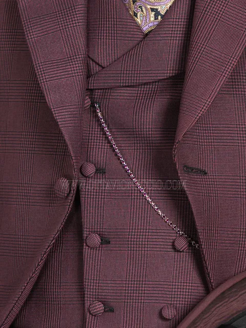 Double-breasted waistcoat in bordeaux Prince of Wales check with lapel