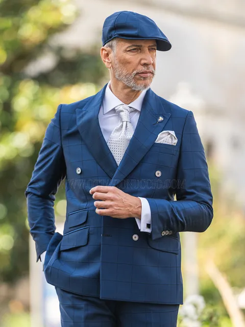 Electric blue checked double-breasted men's formal suit