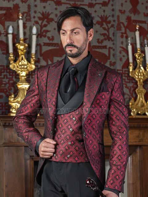 Gothic frock coat groom suit in red and black checked brocade