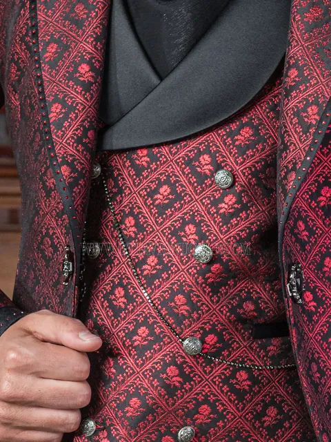 Red checked brocade double-breasted waistcoat, black satin shawl lapel