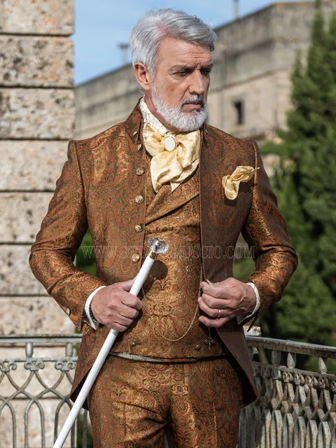 Baroque groom suit in gold brocade with Napoleon collar