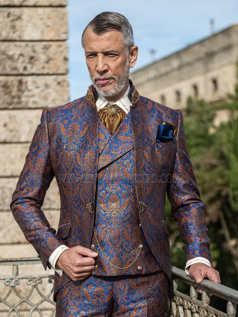Baroque mandarin collar frock coat suit in blue and gold brocade