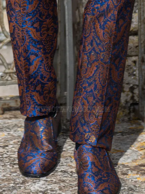 Slipper in royal blue and gold brocade fabric