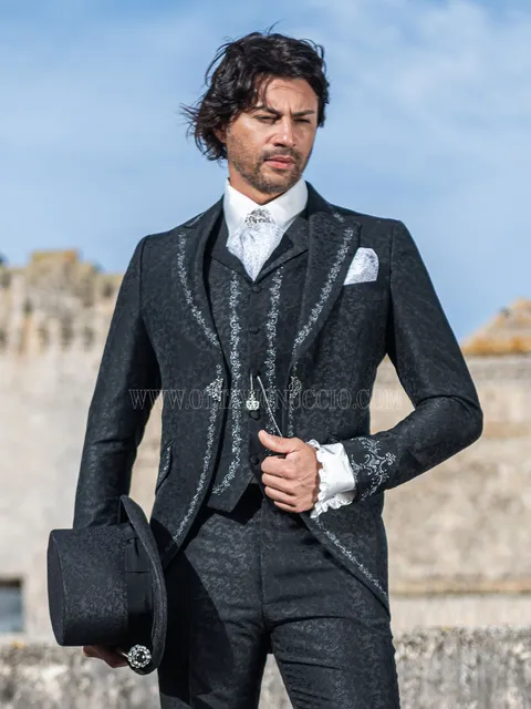 Groom suit in black damask with silver embroidery