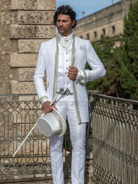 Groom suit with mandarin collar in white damask with rhinestone trimming